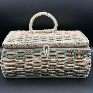 Vintage Woven Sewing Basket Handle Satin Lined Dritz Beige Green Wicker Coated